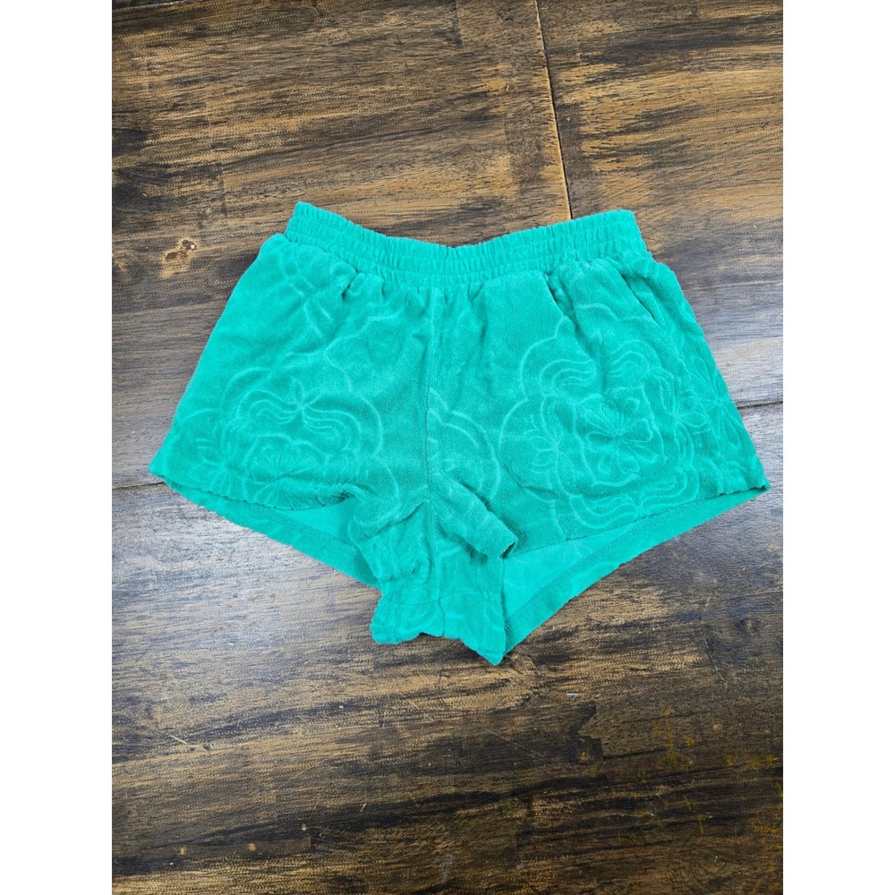 ONeill Womens Teal Green Terry Cloth‎ Embossed Floral Shorts Elastic Waist Small